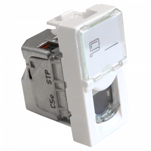 22.5x45 Mosaic insert, RJ-45 STP, category 5e, with shutter and enlarged label field, white